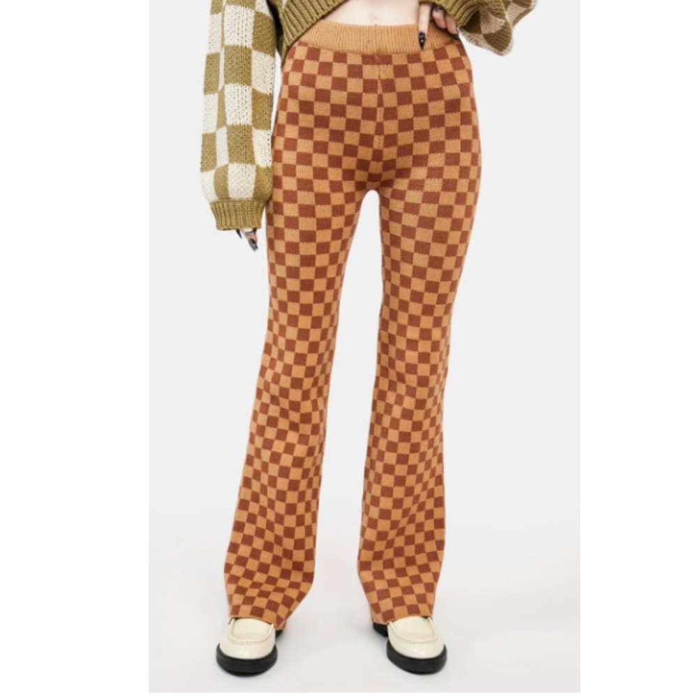 Blue Blush Checkered Knit Pants Brown/Tan Checkerboard Flared Size Medium